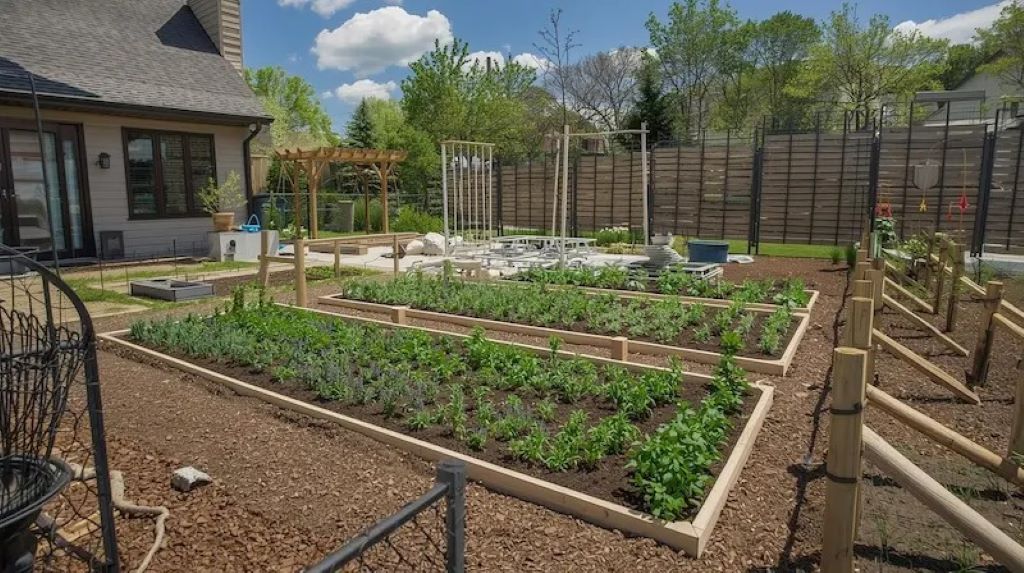 A completed hugelkultur bed in a backyard, showcasing eco-friendly, raised garden design for soil enrichment