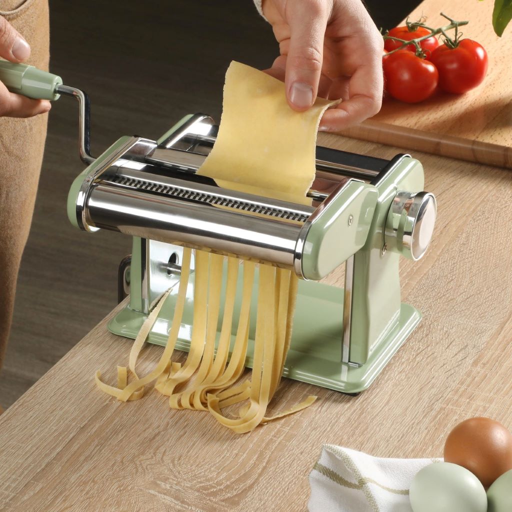 Sur La Table pasta maker on kitchen counter during product review.