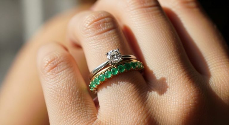 How to Style Emerald Wedding Band with Solitaire Engagement Rings