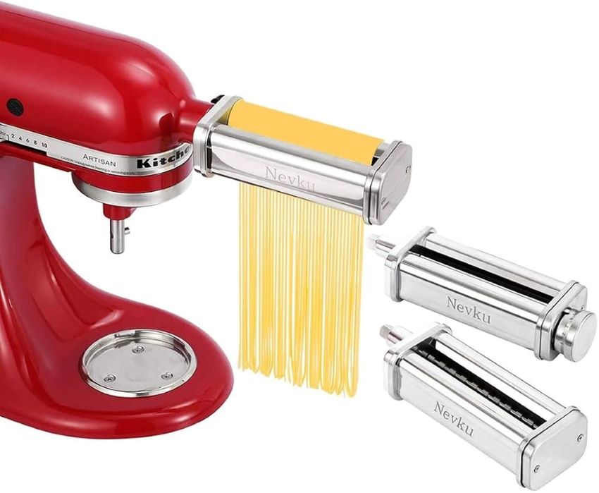 Close-up of Nevku pasta maker attachments showing roller and cutter components.