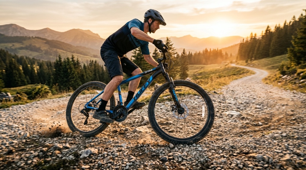 A person riding a Huffy Stone 26 mountain bike on a gravel path during sunset to test suspension.