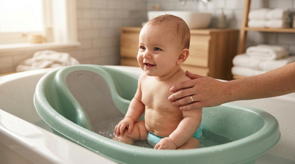 A happy baby sitting in an ergonomic portable tub with a parent's hand providing support.