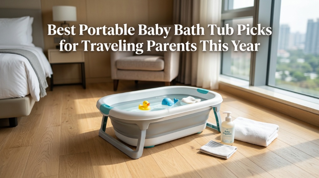 A foldable baby bathtub in a bright hotel room with the article title overlayed on top.