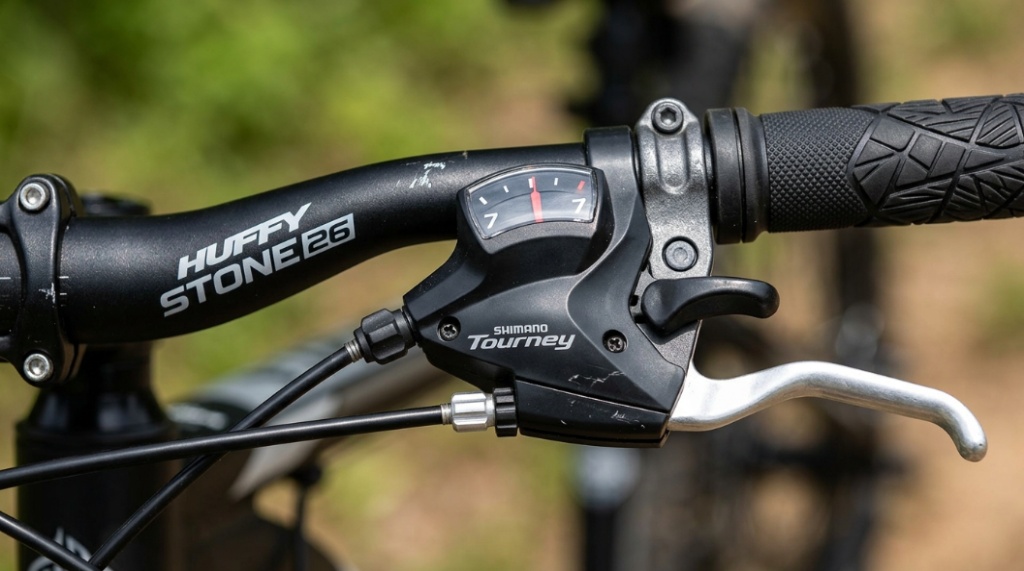 Close-up of the gear system and steel frame details on a 26-inch Huffy Stone mountain bike.
