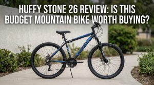 Huffy Stone 26 mountain bike centered on a neutral background with review title text overlay.