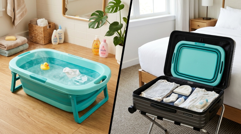 Comparison of an expanded portable baby tub and one folded flat inside a travel suitcase.