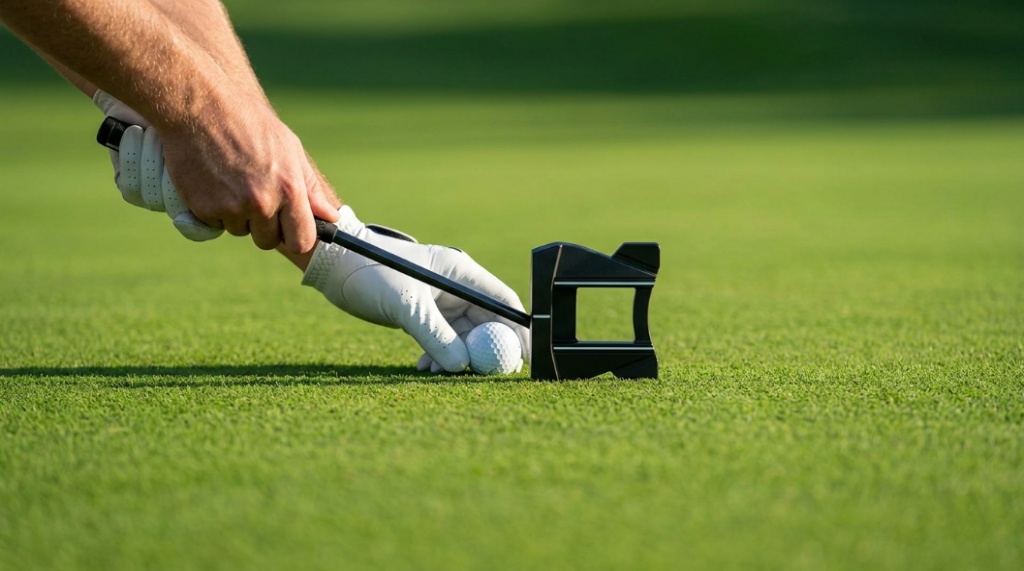 golfer aligning high MOI mallet putter for accurate short putt
