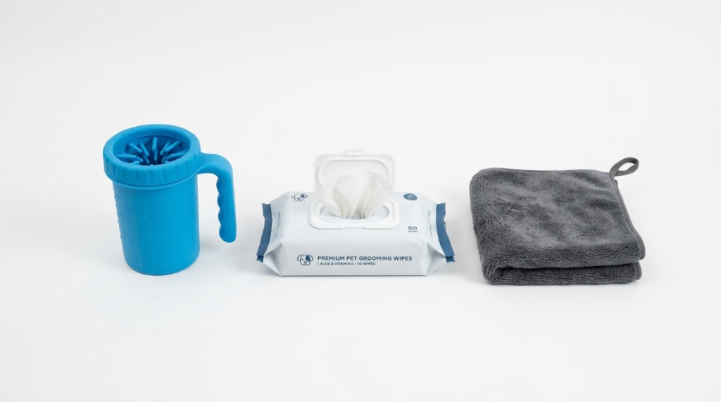 A silicone paw plunger, pet wipes, and a microfiber towel displayed on a white background.