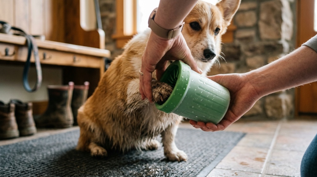 A person cleaning a muddy corgi paw using a green silicone dog paw cleaner cup.