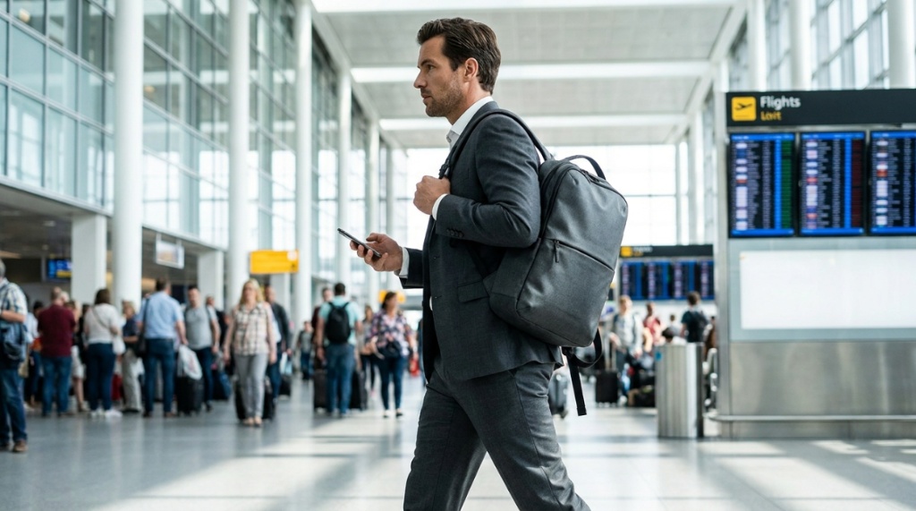 A professional carrying a sleek commuter laptop backpack through a busy airport terminal.