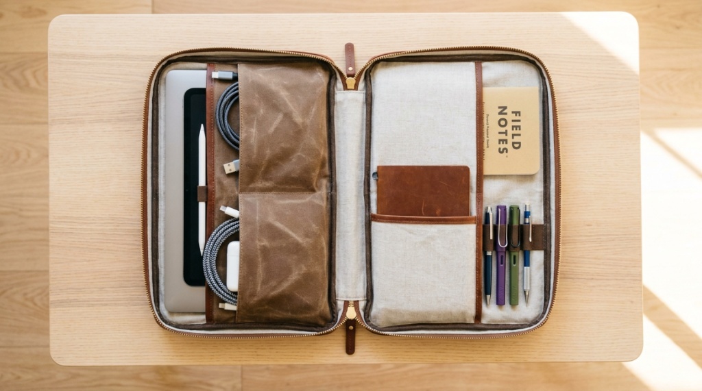 An open laptop bag showing organized compartments filled with tech gear and cables.