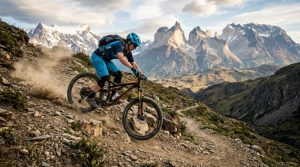 A mountain biker riding down a dusty rugged backcountry mountain trail on a sunny day.