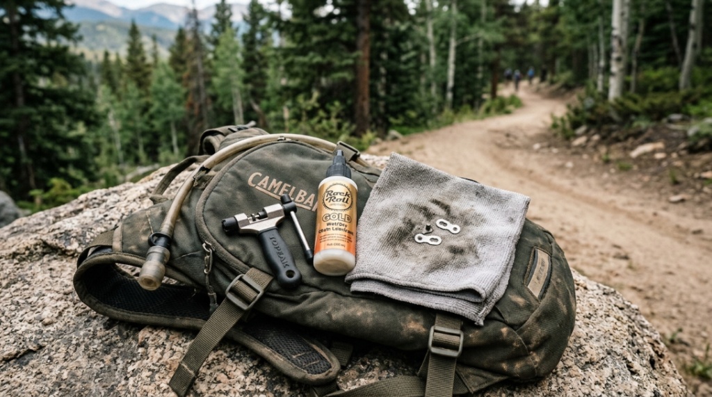 A compact bike multi-tool with a chain breaker and lubricant sitting on a rock.