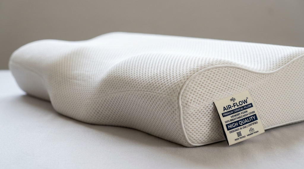 Close up of breathable memory foam fabric texture on a contoured pillow.