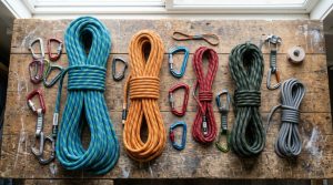 Hunter inspecting a durable climbing safety rope in a dense forest.