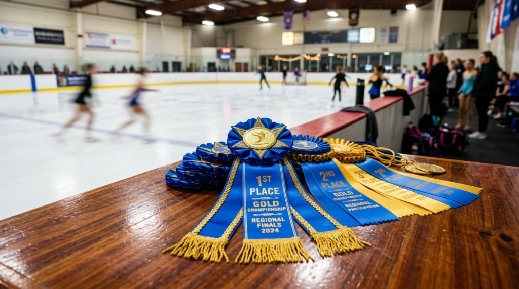 Vibrant award ribbons resting backstage at a bright ice arena.