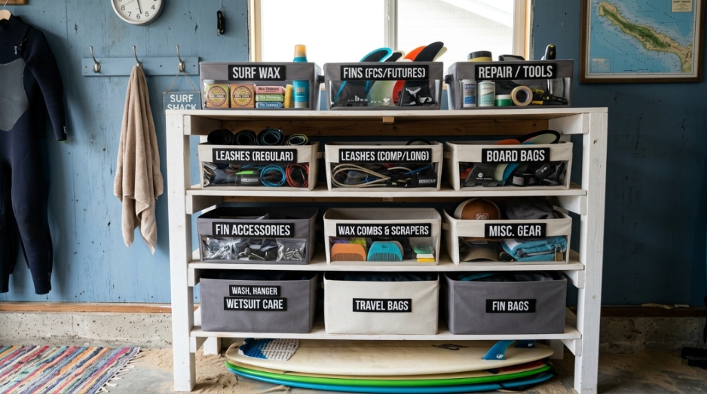 Shelving unit with labeled bins for organizing surf fins, wax, and leashes.Shelving unit with labeled bins for organizing surf fins, wax, and leashes.