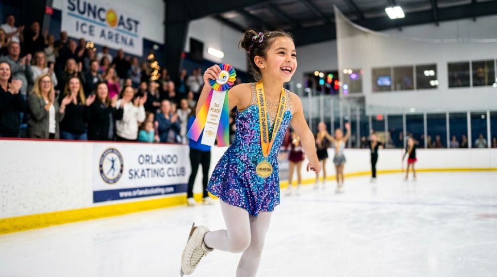 Figure skater holding a custom award ribbon inside an arena.