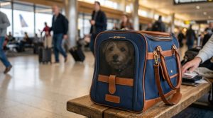 Premium leather pet carrier resting in a modern airport lounge.