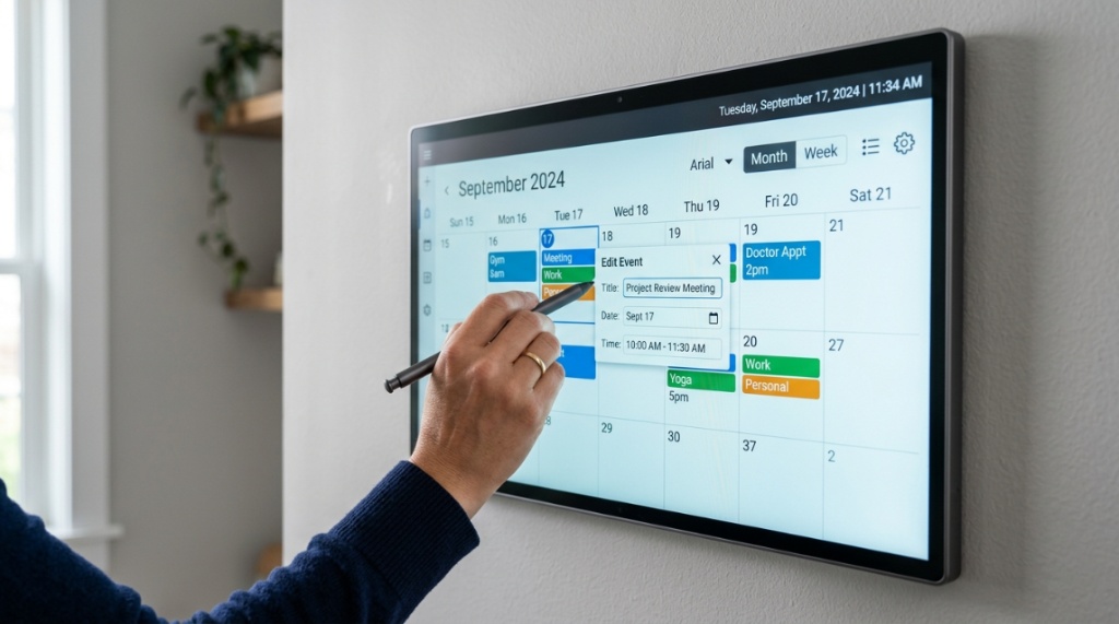 Modern wall-mounted digital calendar displaying a schedule in a Texas home office.