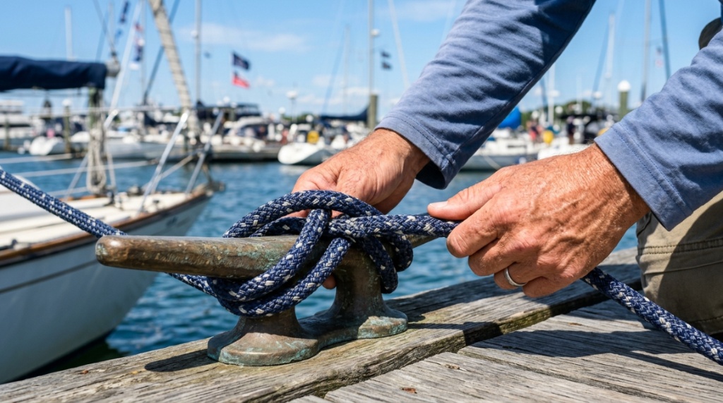Close-up of durable marine dock lines tied around a wooden cleat.