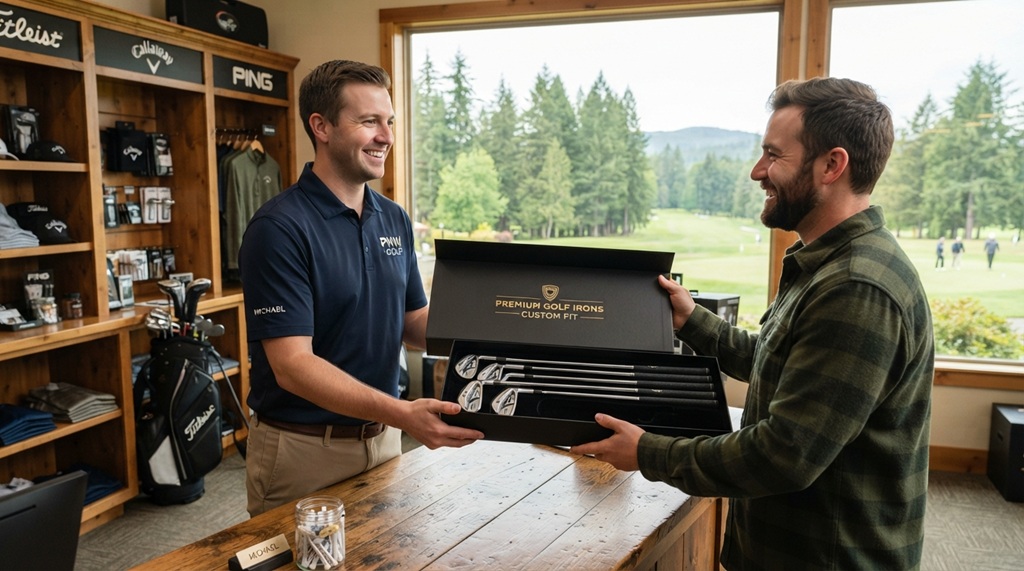 Man gifting a set of golf irons in a pro shop.