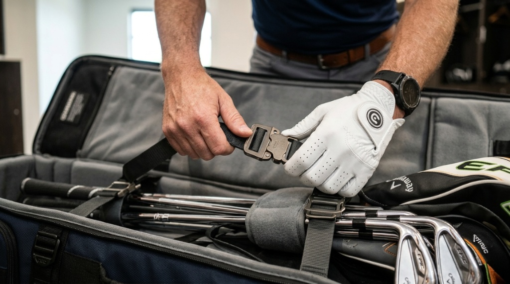 A golfer carefully packing clubs into a heavy-duty padded travel bag.