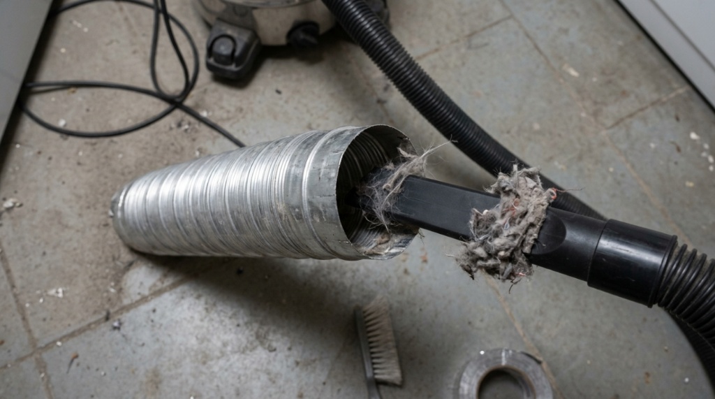 Long crevice tool vacuuming lint out of a dryer duct.