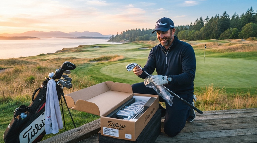 Golfer unboxing new golf irons on a sunny course.