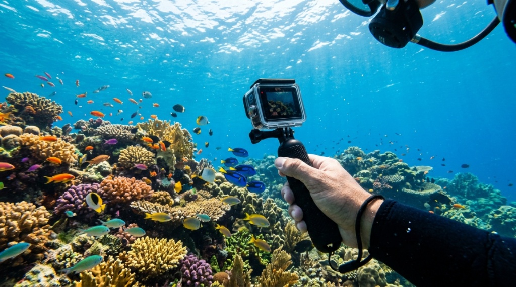 Rugged action camera being rinsed with clean water after saltwater use