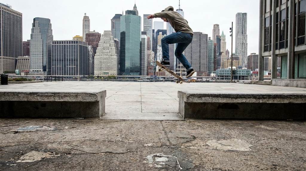 Skateboarder landing a gap on a New York street